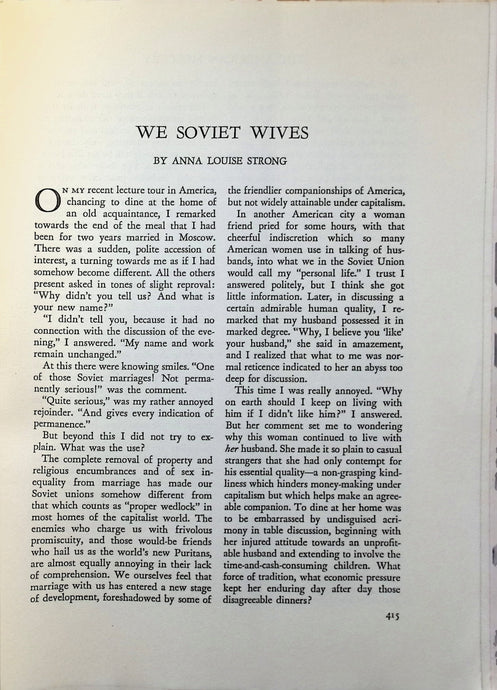 We Soviet Wives article by Anna Louise Strong 1934 in The American Mercury